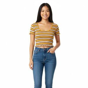 Zara Trafaluc Ribbed Striped Crop Top | Mustard Yellow Retro Tee | Size S